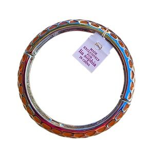 Lia Sophia Hinged Bangle Bracelet Silver Tone Tan Geometric Pattern‎